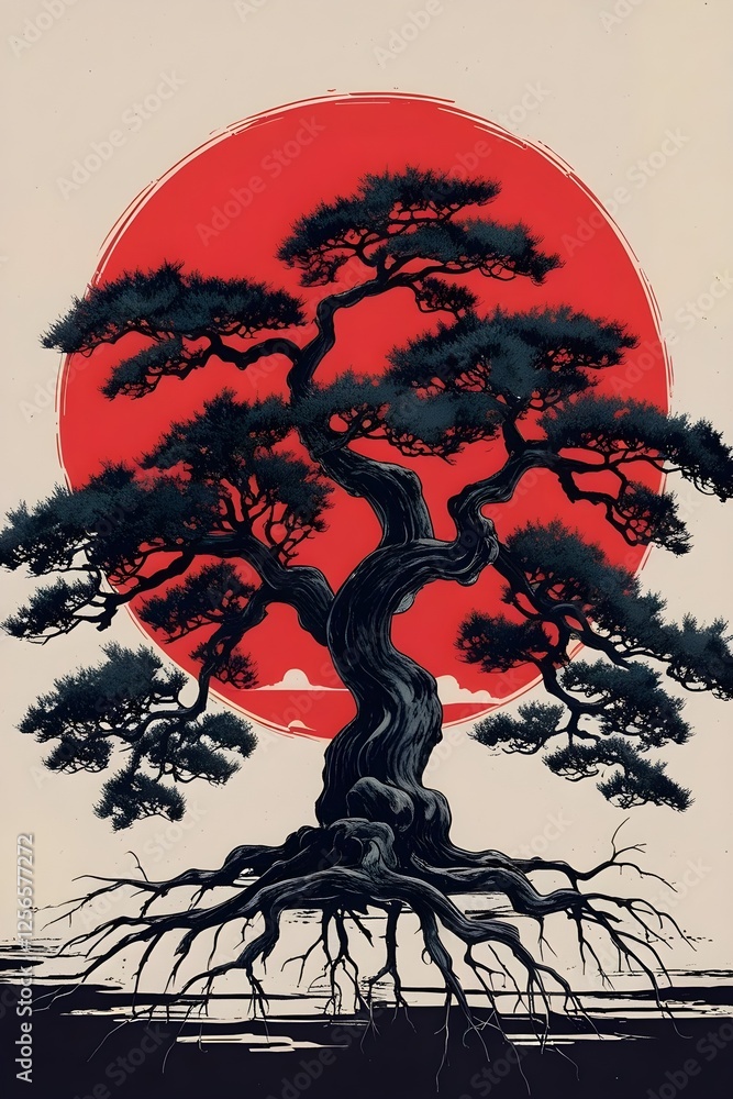 Fototapeta premium Ancient Dark Tree with Gnarled Branches and a Striking Red Sun in Traditional Sumi e Ink Style