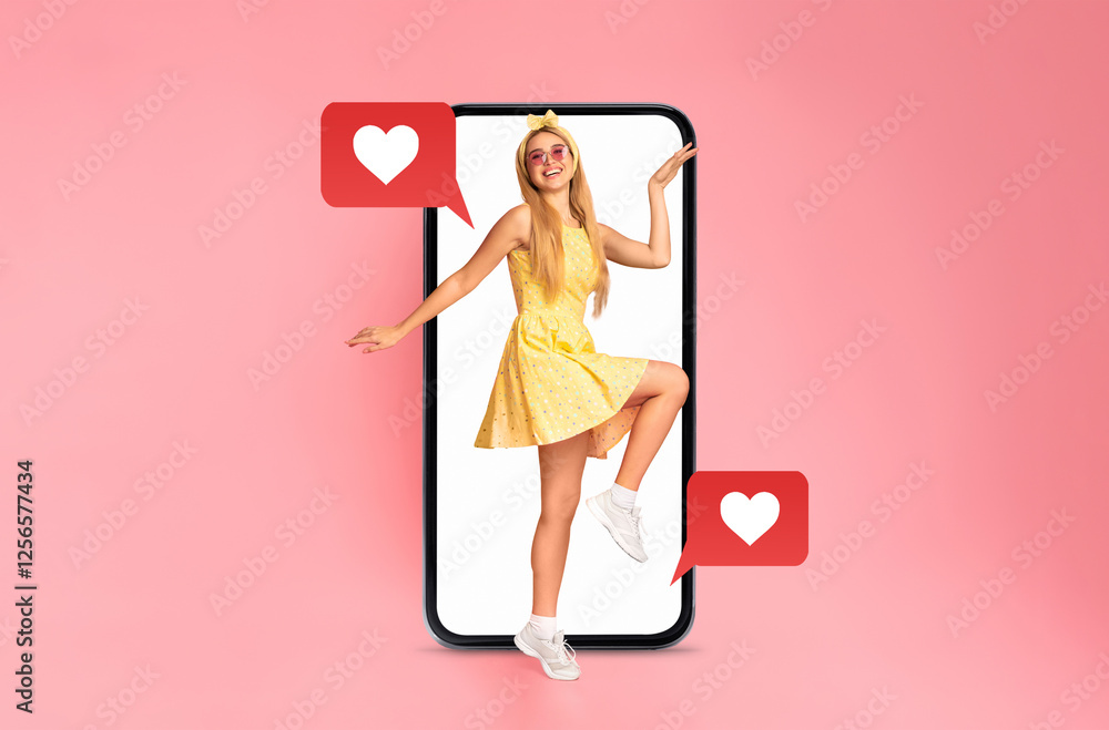 A cheerful person stands inside a smartphone, showcasing the joy of connecting through messaging apps. Hearts and text bubbles emphasize themes of love and connection on a vibrant background. A cheerful person stands inside a smartphone, showcasing the joy of connecting through messaging apps. Hearts and text bubbles emphasize themes of love and connection on a vibrant background.