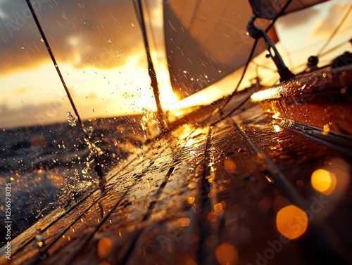 wooden sailboat struggles against fierce winds its torn sails flapping wildly while water splashes over wet deck dramatic sunset lighting. photo