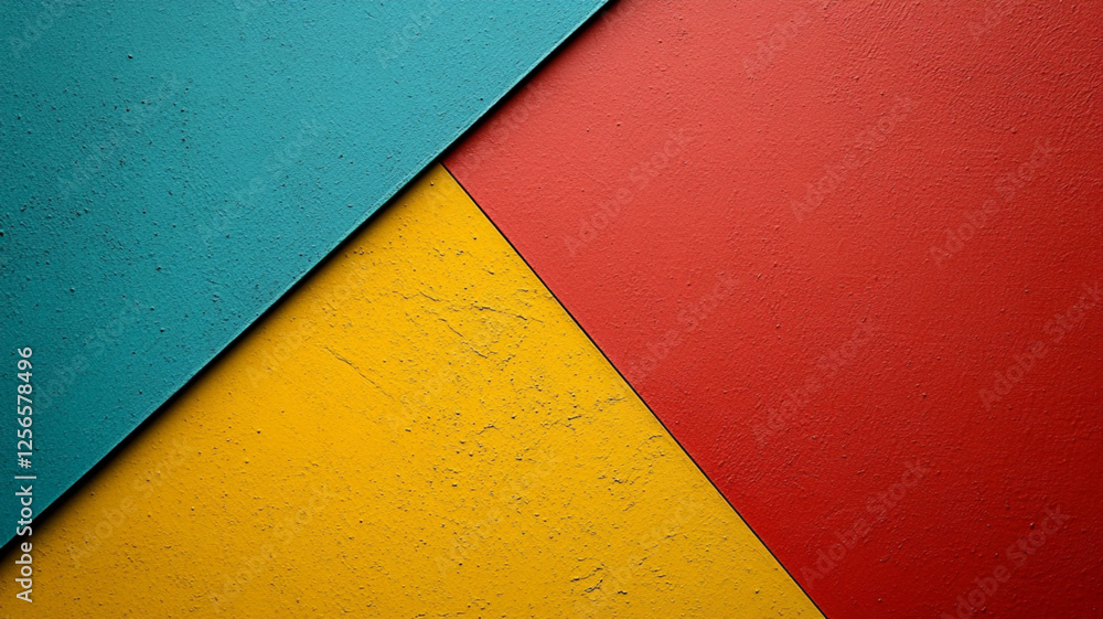 Bold geometric composition with textured teal, yellow, and red panels Bold geometric composition with textured teal, yellow, and red panels
