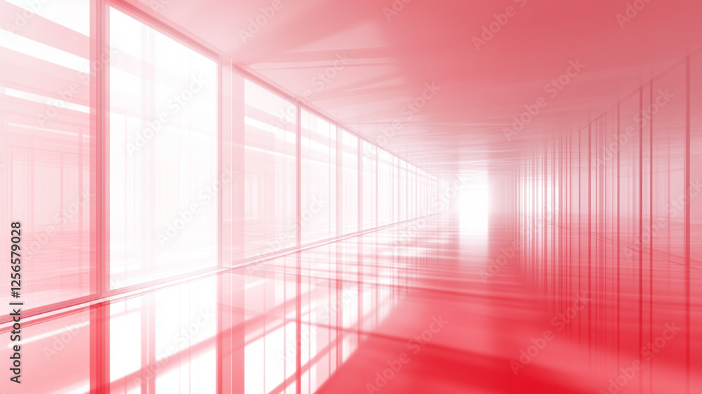 Obraz premium Minimalist hallway with soft pink tones, reflective surfaces, and symmetrical lines,