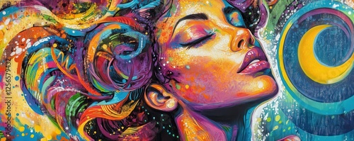 Vibrant abstract portrait of young african female in multicolor swirls with moon motif