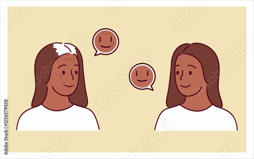A young woman and an elderly lady look at each other with happiness. Their smiles reflect warmth and mutual understanding.