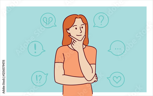 A young red-haired woman stands in deep thought against a pastel background. Her arms are crossed as she reflects