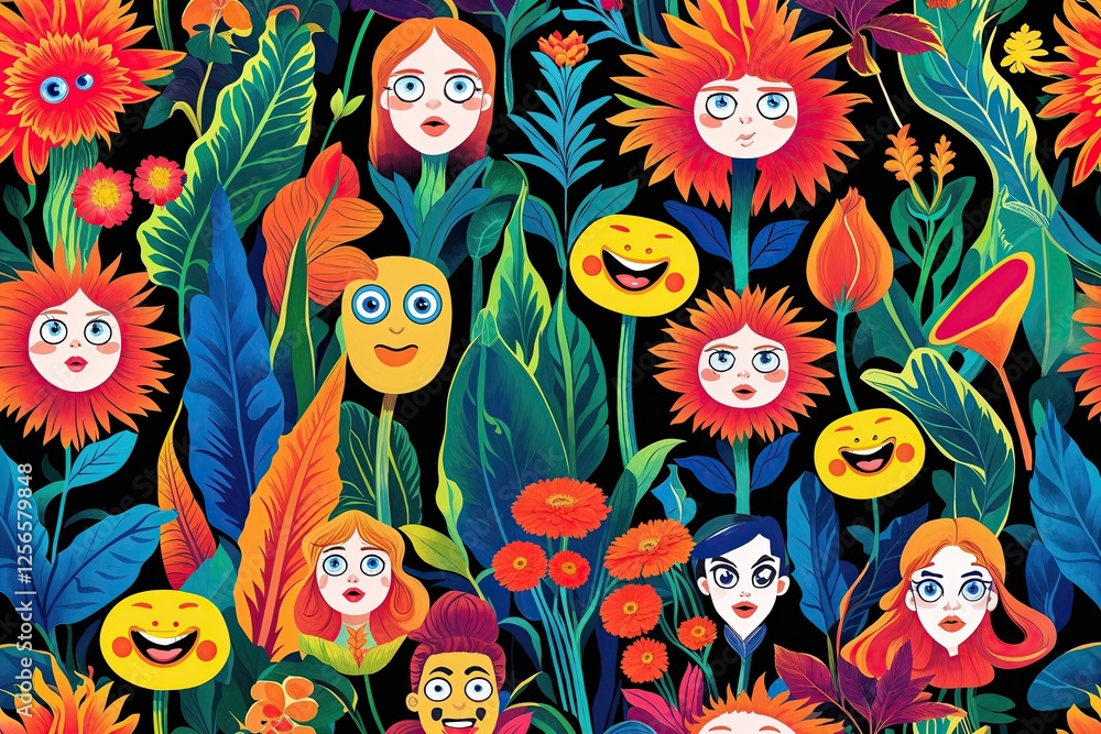 Vivid Surreal Plant Pattern with Cartoon Characters and Expressive Faces in a Stylish 90s Nostalgia Background Vivid Surreal Plant Pattern with Cartoon Characters and Expressive Faces in a Stylish 90s Nostalgia Background