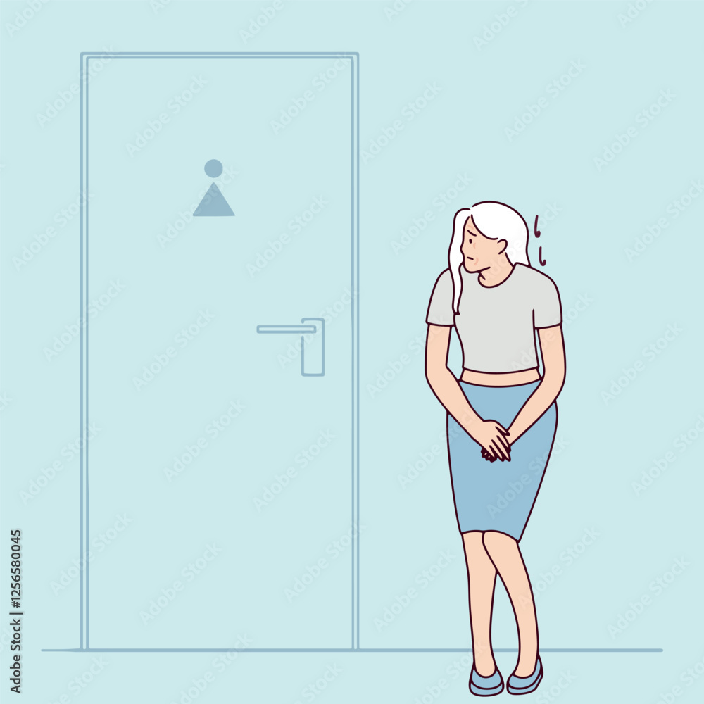 Gray-haired elderly woman stands alone in front of a toilet door, looking uncomfortable. She needs to go urgently Gray-haired elderly woman stands alone in front of a toilet door, looking uncomfortable. She needs to go urgently