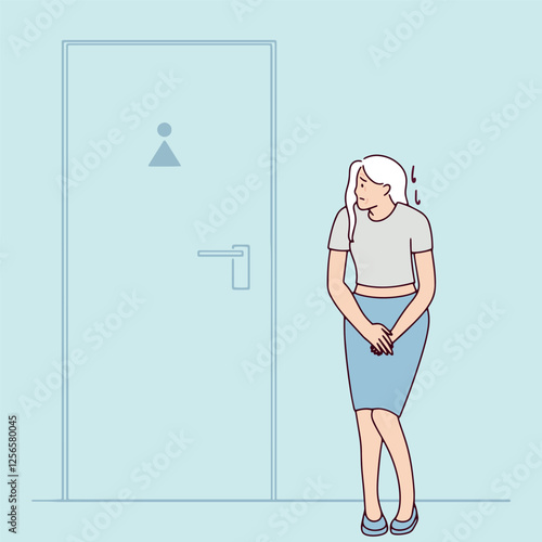 Gray-haired elderly woman stands alone in front of a toilet door, looking uncomfortable. She needs to go urgently