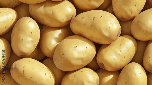 Potato Harvest Abundance: A close-up shot showcasing a bountiful pile of freshly harvested potatoes, their skins exhibiting a range of pale yellow and light brown hues, glistening subtly in the light.