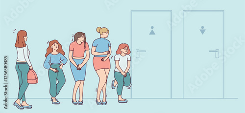 A queue of women waiting for the restroom while the men's restroom stands empty. Public restroom scene.