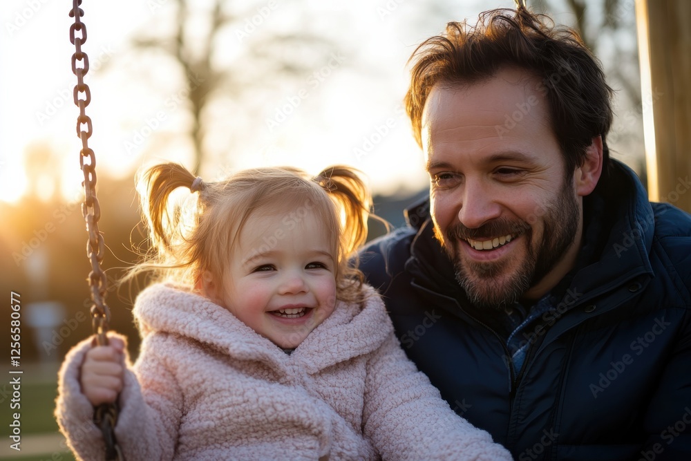 Obraz premium A delighted father pushes his smiling daughter on a swing during sunset, capturing a beautiful moment of bonding and joy in an outdoor setting.