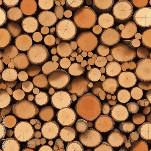 Wooden Log Stack: A visually captivating arrangement of freshly cut wooden logs creates a seamless, detailed texture, showcasing the beauty of natural resources and the craft of wood processing.