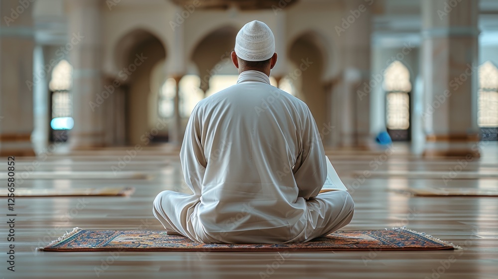 A serene moment of a person in traditional attire meditating on a prayer rug in a grand mosque interior A serene moment of a person in traditional attire meditating on a prayer rug in a grand mosque interior