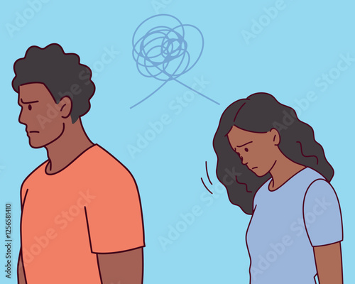 Young Black man and woman standing apart with sad expressions. Emotional tension depicted.