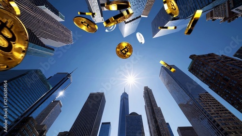 Many gold bitcoin cryptocurrency coins are falling from the sky over the skyscrapers of new york city's financial district, including one world trade center, on a sunny day