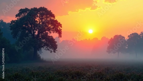 Misty dawn with trees in the foreground, nature, landscape