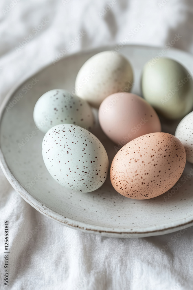 Pastel colored Easter eggs on a clay plate Pastel colored Easter eggs on a clay plate
