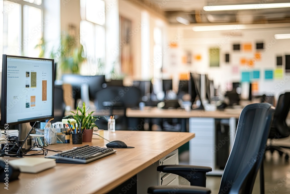 Modern, Open-Plan Office Workspace with Empty Desks, Ready for Productivity and Collaboration Modern, Open-Plan Office Workspace with Empty Desks, Ready for Productivity and Collaboration