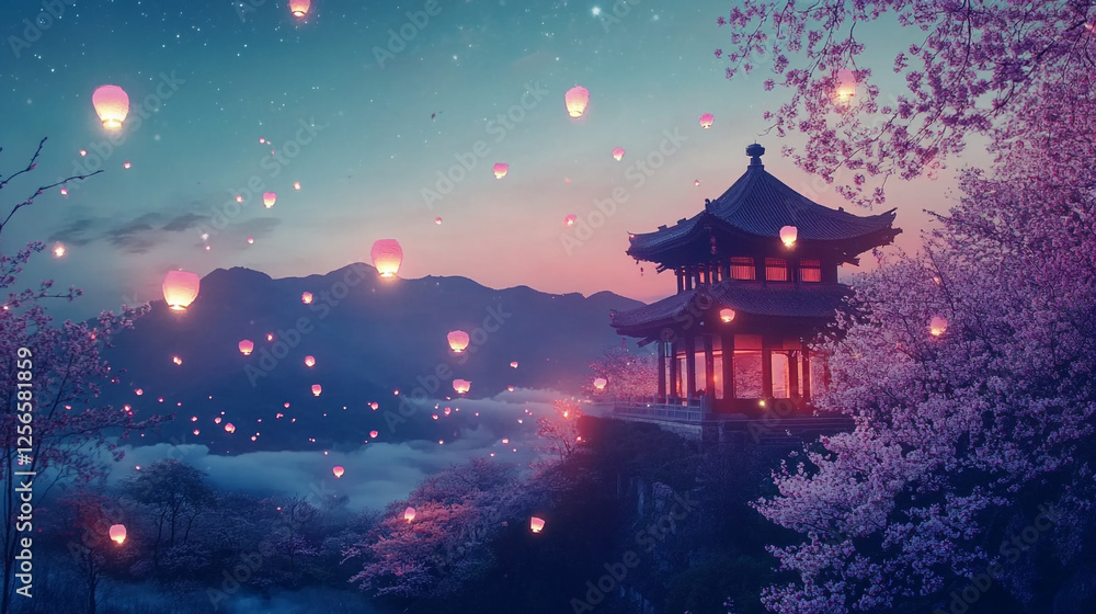 Obraz premium Serene Evening Scene with Traditional Pavilion, Floating Lanterns, Cherry Blossoms, and Majestic Mountains in Twilight Glow