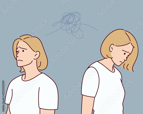 Two young women stand back to back, avoiding eye contact. They express misunderstanding, conflict, and emotional distance.