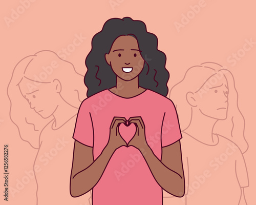 A woman holds a heart sign and smiles, while her shadow shows sadness. The image represents hidden emotions and duality.