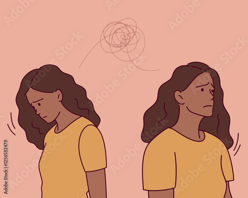 Two young women turn away from each other with sad expressions. The image represents conflict, distance, and emotional tension.