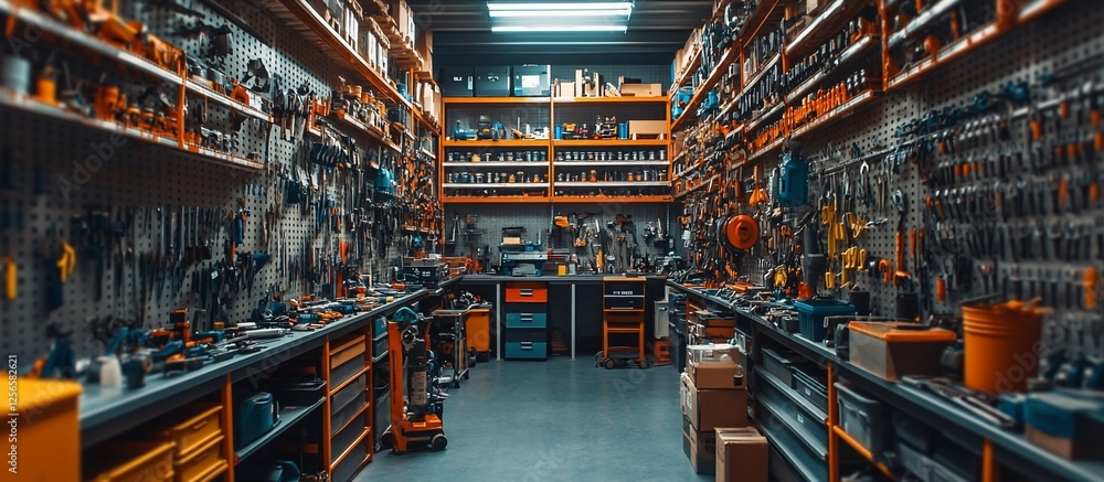 A well-organized workshop filled with tools and equipment, showcasing a productive space A well-organized workshop filled with tools and equipment, showcasing a productive space