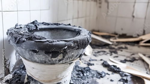 A sealed toilet bowl with duct tape bulging due to built-up pressure.