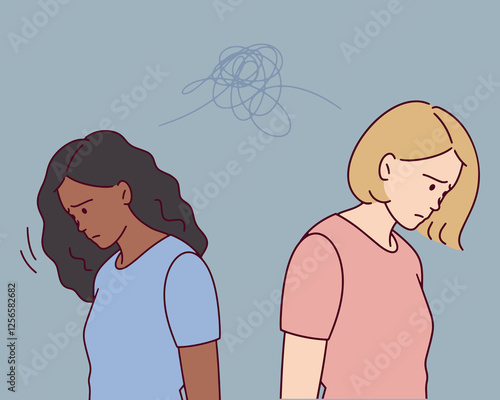 Two young women stand apart with sad expressions, struggling to communicate. The image symbolizes emotional barriers and conflict. LGBT