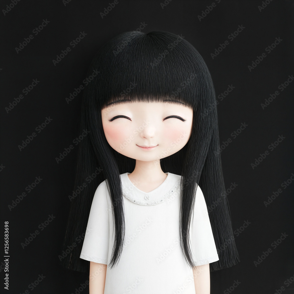 a character with long, straight black hair, wearing a white dress with a lace trim. The background is plain black, which contrasts with the character's attire, making them stand out a character with long, straight black hair, wearing a white dress with a lace trim. The background is plain black, which contrasts with the character's attire, making them stand out