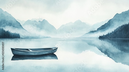 Fototapeta Naklejka Na Ścianę i Meble -  Serene watercolor artwork of a rowboat floating on a peaceful mountain lake under a clear sky, ideal for thoughtful reflections. Generative AI