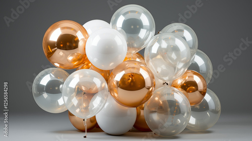 Lot de ballons de baudruche gonflés à l'hélium pour fête, anniversaire et célébration. Ballons blanc, doré, bronze. Pour conception et création graphique.  photo