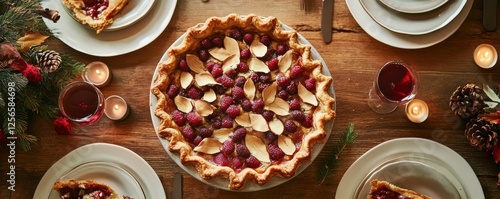 Wallpaper Mural Raspberry pie on rustic holiday table with candles and pinecones Torontodigital.ca