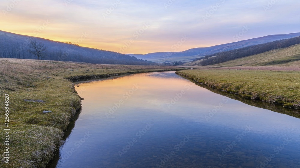 Idyllic river curve at sunset, with soft reflections shimmering on water's surface, framed by peaceful hills and tranquil nature sounds. Idyllic river curve at sunset, with soft reflections shimmering on water's surface, framed by peaceful hills and tranquil nature sounds.