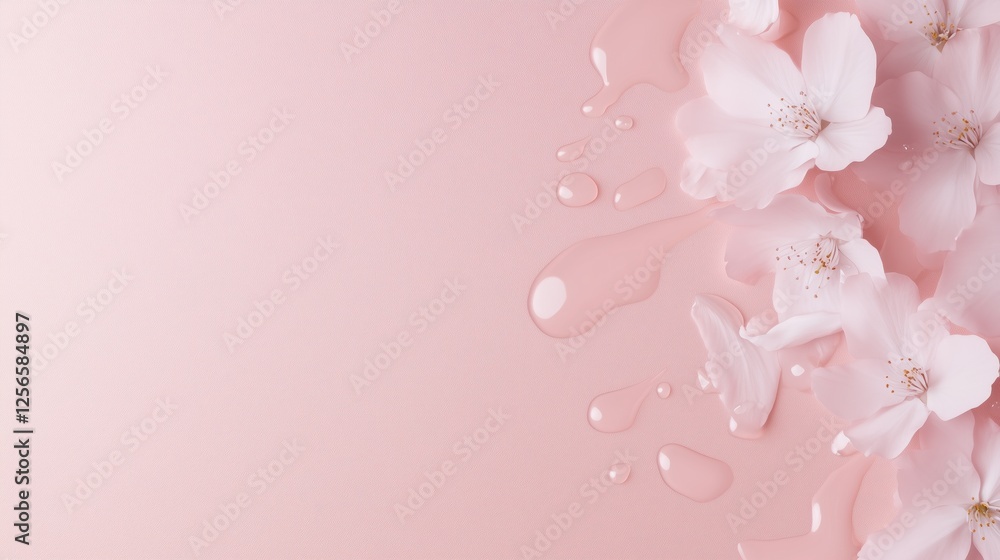 Floral Delicacy: Soft, delicate white blossoms with water droplets create a serene and ethereal composition on a pale pink background, perfect for beauty, spa, or feminine product promotions. Floral Delicacy: Soft, delicate white blossoms with water droplets create a serene and ethereal composition on a pale pink background, perfect for beauty, spa, or feminine product promotions.
