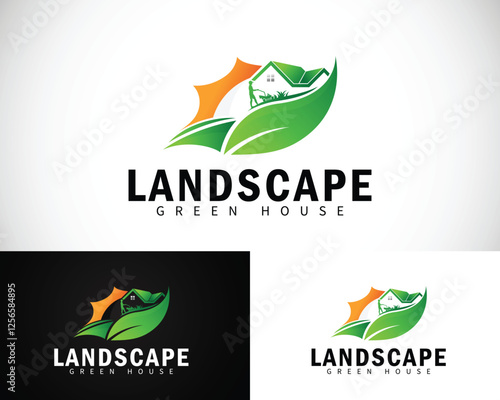 landscape logo creative green house  design concept lawn mower sun