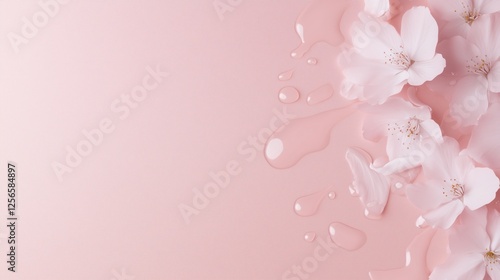 Floral Delicacy: Soft, delicate white blossoms with water droplets create a serene and ethereal composition on a pale pink background, perfect for beauty, spa, or feminine product promotions.