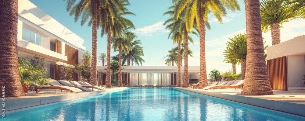 Fototapeta premium Luxurious modern villa with pool and palm trees in a tropical paradise