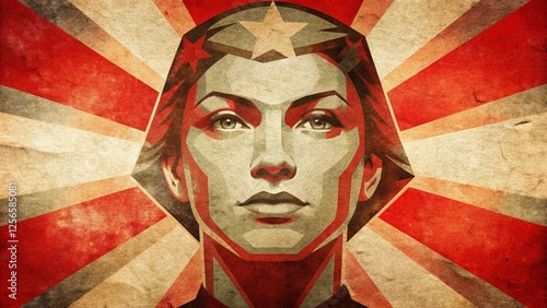 Female hero in Soviet-style propaganda with a red star headband