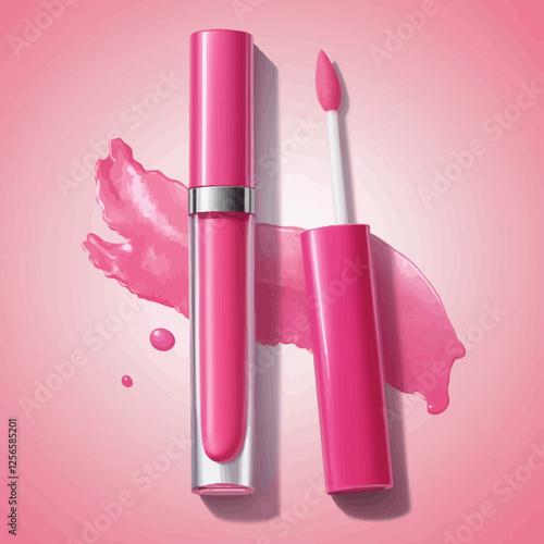 Pink Lip Gloss: A glamorous and sleek pink lip gloss with a  shimmering finish, resting on a delicate swipe of color. Its chic design and seductive hue invite you to embrace a touch of allure. 
