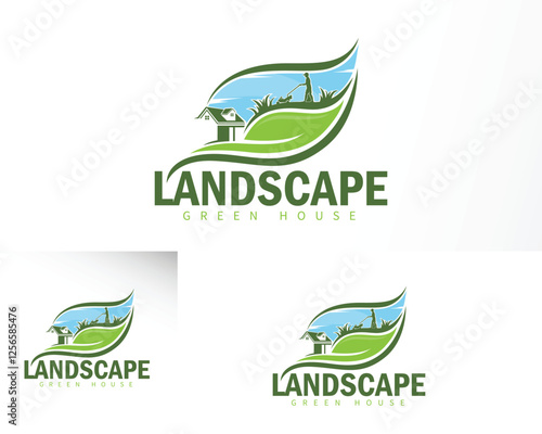landscape logo creative green  design concept lawn mower sun forest