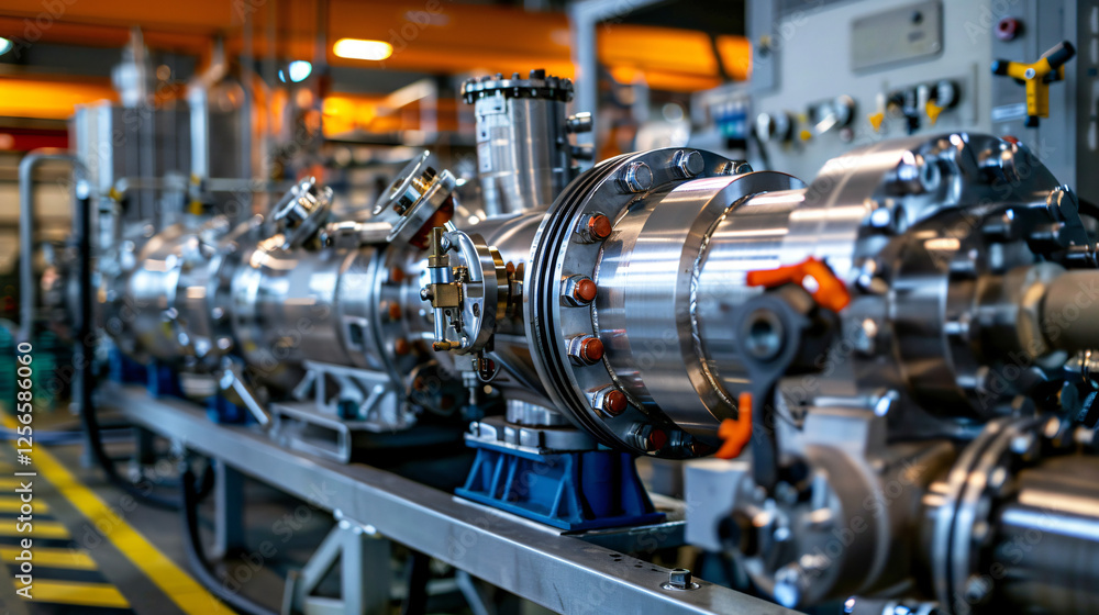 A network of gas pipelines with shiny metallic surfaces and clear weld lines. A network of gas pipelines with shiny metallic surfaces and clear weld lines.
