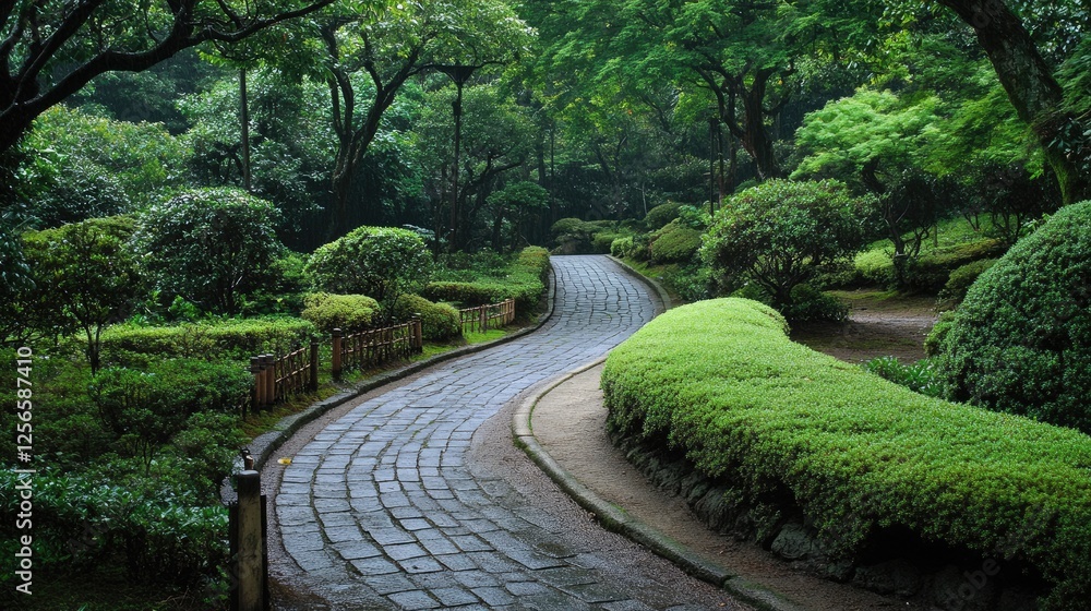 Cycling path meandering through a serene park setting with ornamental shrubs and benches along the way. Cycling path meandering through a serene park setting with ornamental shrubs and benches along the way.