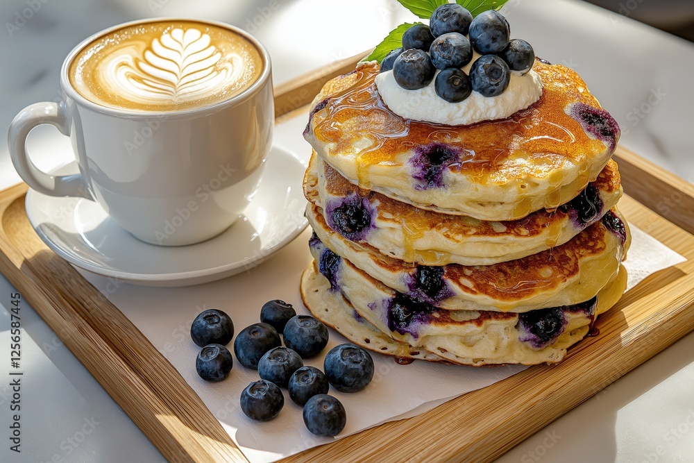 Generative AI, Fluffy blueberry ricotta pancakes with maple syrup and oat milk latte in a bright, modern café setting Generative AI, Fluffy blueberry ricotta pancakes with maple syrup and oat milk latte in a bright, modern café setting