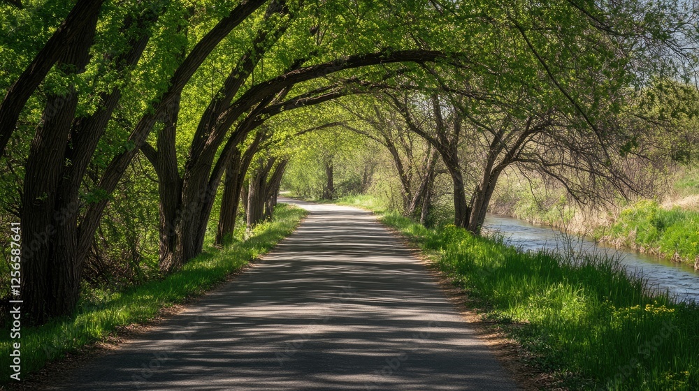 Scenic shot of the cycling route with the Kok River flowing gently beside it, framed by overhanging trees. Scenic shot of the cycling route with the Kok River flowing gently beside it, framed by overhanging trees.