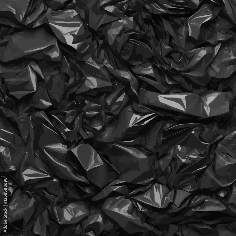Dark Crumpled Plastic Texture: Abstract background texture of dark, crumpled plastic film, showing deep shadows and glossy highlights, ideal for design projects. Dark Crumpled Plastic Texture: Abstract background texture of dark, crumpled plastic film, showing deep shadows and glossy highlights, ideal for design projects.