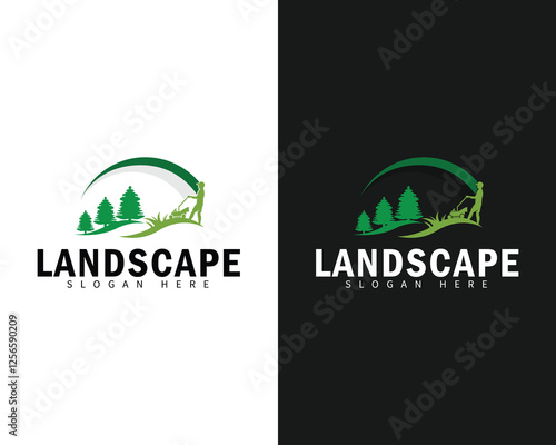 landscape logo creative green  design concept lawn mower sun forest