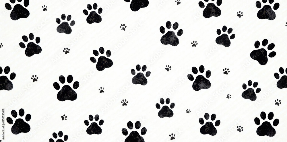 Fototapeta premium Black Doodle Paw Prints Background Seamless , doodle, fur, pet background