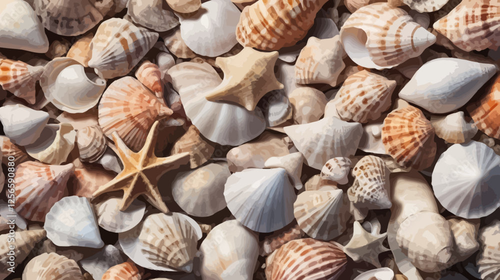 Seashell Symphony: An array of intricately patterned seashells and starfish in a stunning display of coastal treasures. Seashell Symphony: An array of intricately patterned seashells and starfish in a stunning display of coastal treasures.