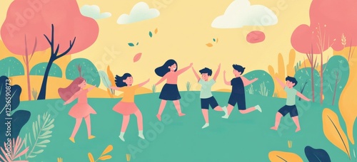 Children playing in the park a cheerful atmosphere of kids having fun outdoors, joyful boys and girls dancing, jumping, or standing on one hand while holding onto their arms with a green Generative AI