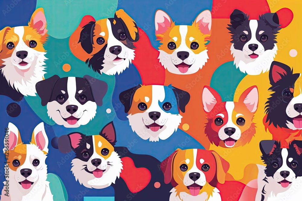 Fototapeta premium Colorful Playful Dog Icons Flat Design Puppy Faces for Fun Home Decor